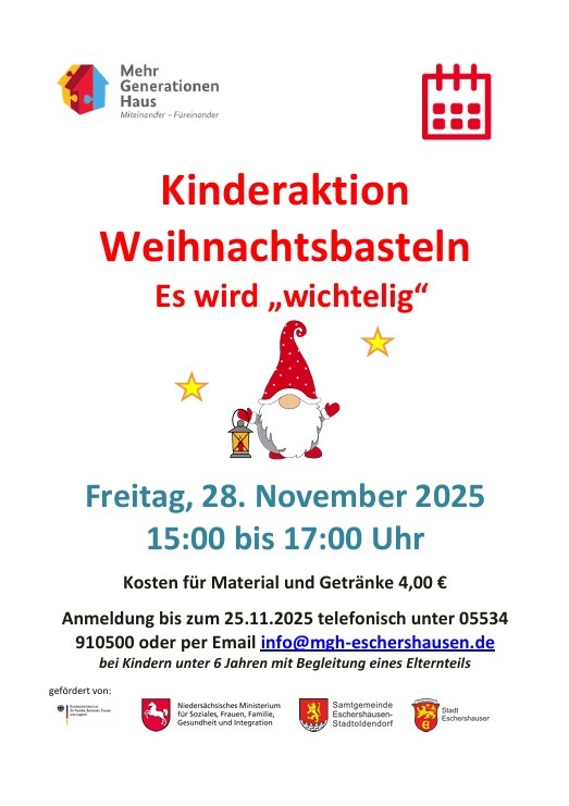 28.11.  15-17 Uhr Weihnachtsaktion Kinderbasteln